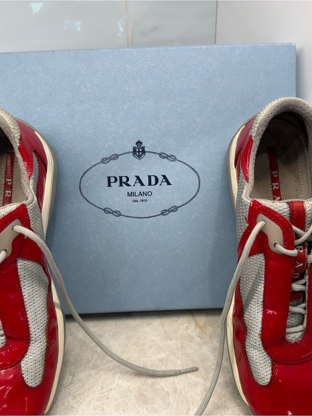 Prada Red and Silver Mesh Low-Top Athletic Sneakers